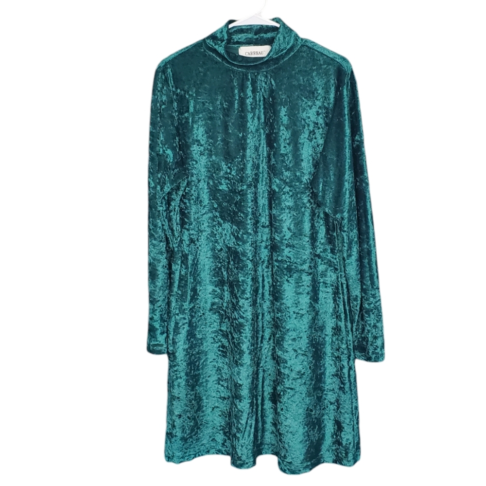 Vintage Emerald Green Crushed Velvet Mockneck 90s A-line Long Sleeve Dre…